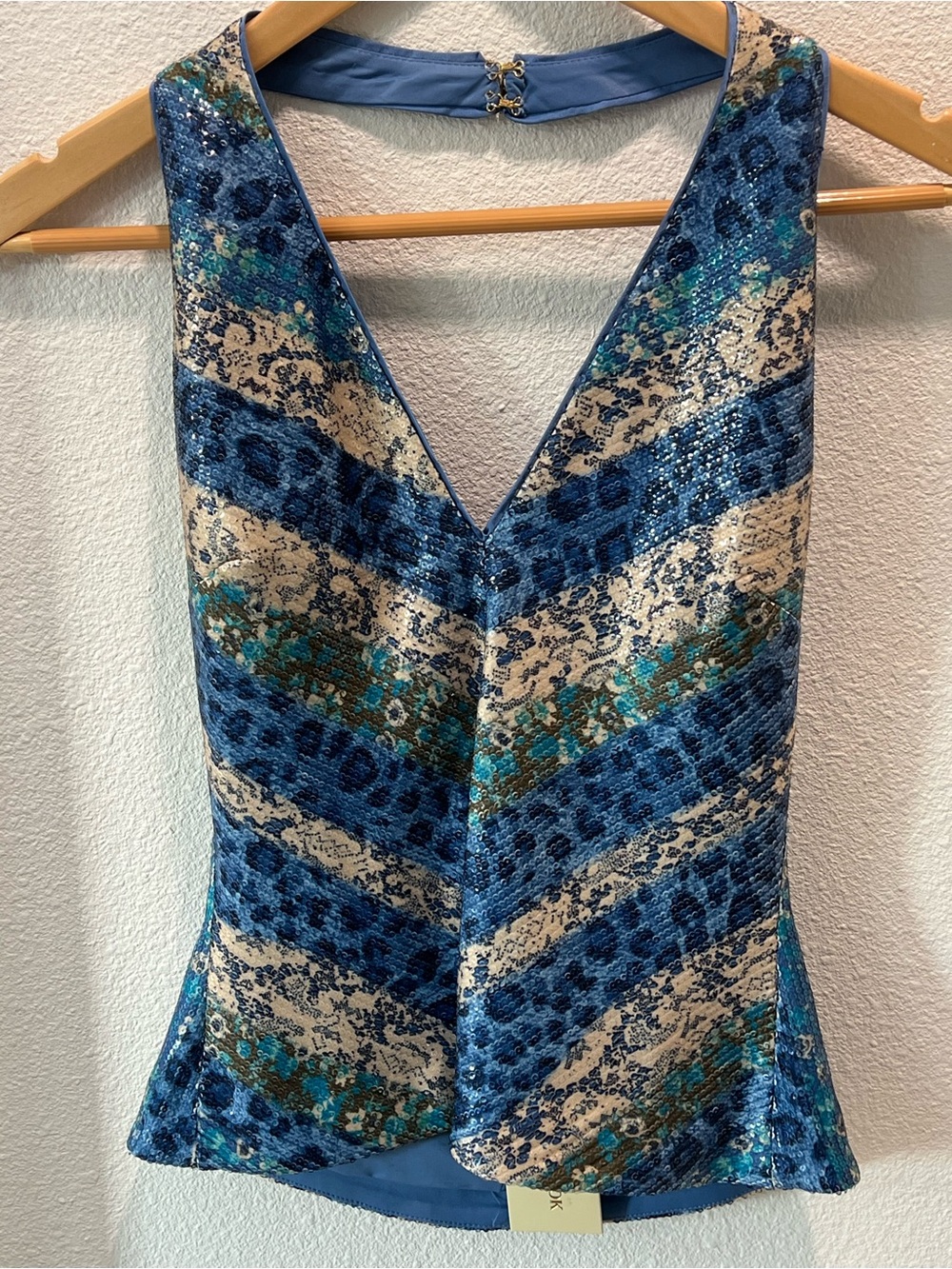 Ramy Brook Olivia Sequin Plunging Halter Top Blue Pattern NWT Size XS